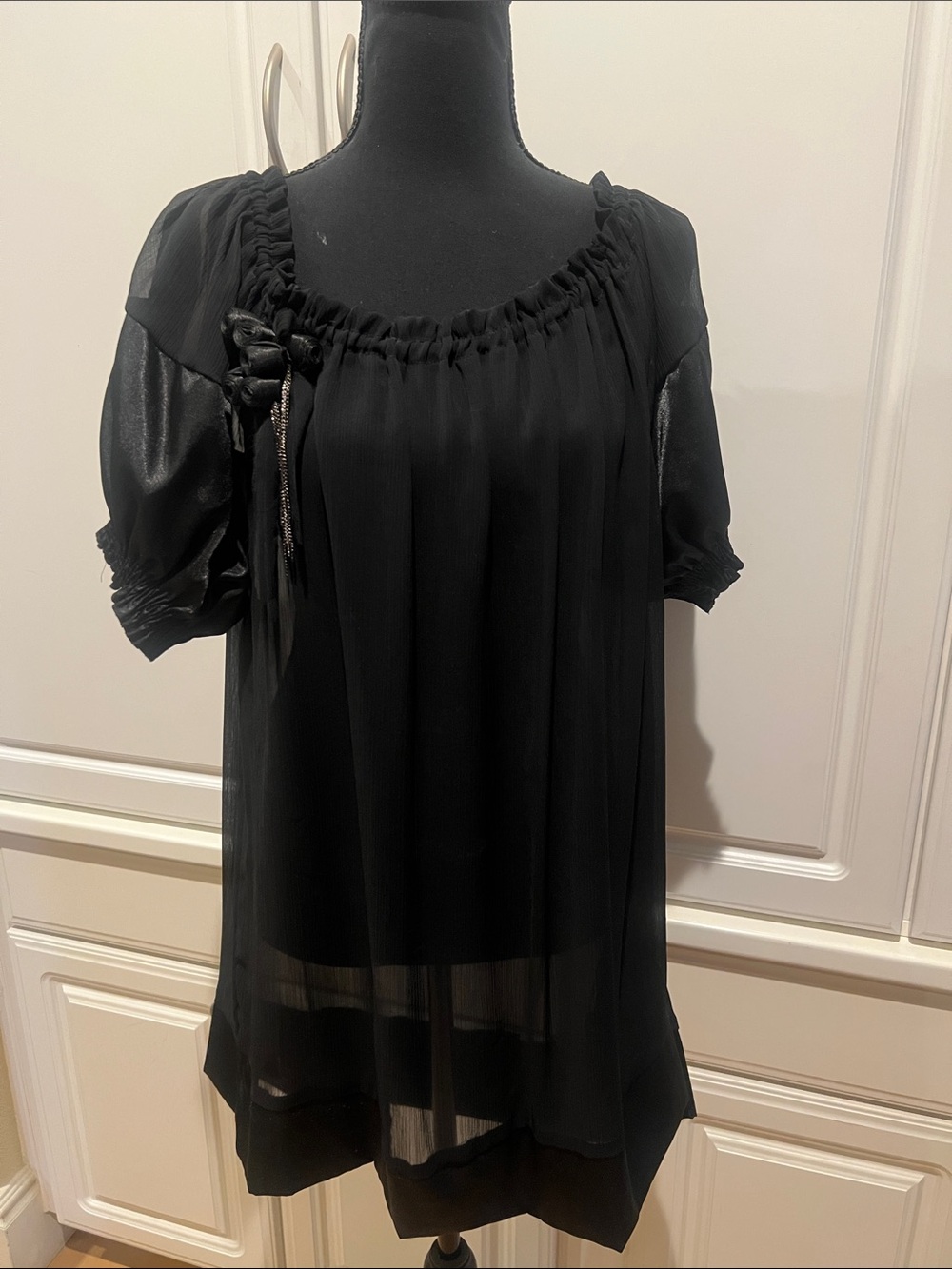 Black Sheer Peasant Blouse with Tie Detail